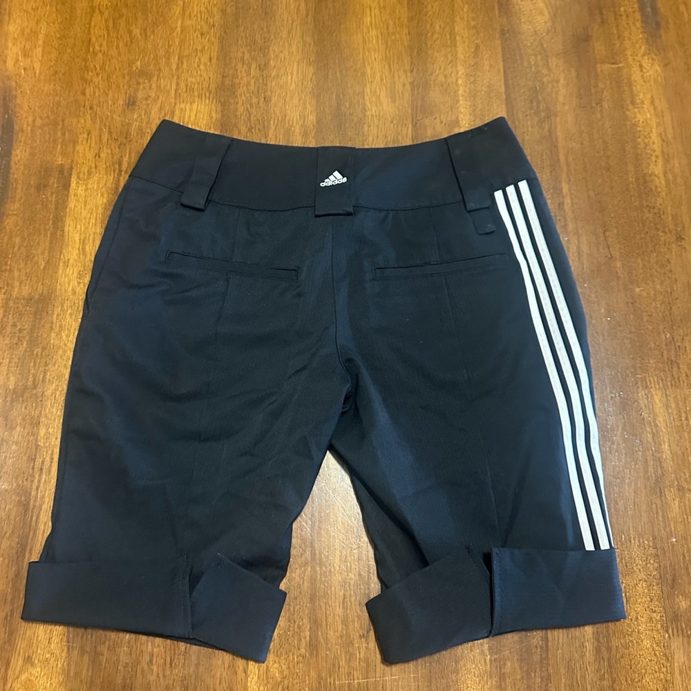 Adidas Women's Black Athletic Shorts with White Stripes- Golf